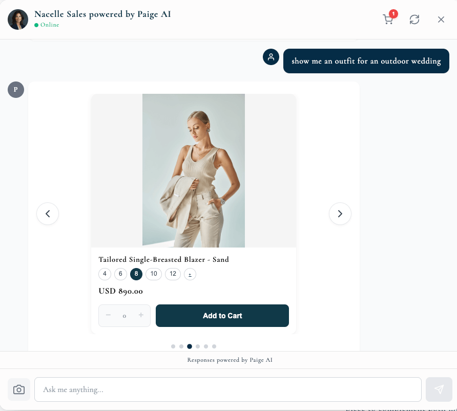Nacelle Sales widget: a shopper asks for an outfit for an outdoor wedding and Paige returns a sand blazer with size options and add to cart.