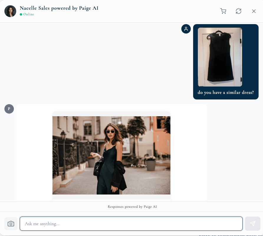 Nacelle Sales widget: a shopper uploads a dress photo and Paige returns a matching dress from the catalog.